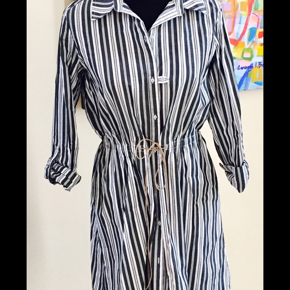 Striped button up dress with suede tie at waist