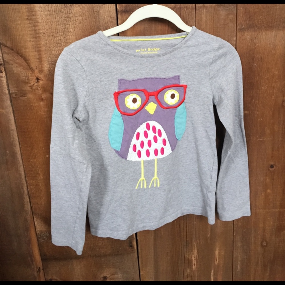 Mini Boden Owl Appliqué Long Sleeve Tee, size 9-10