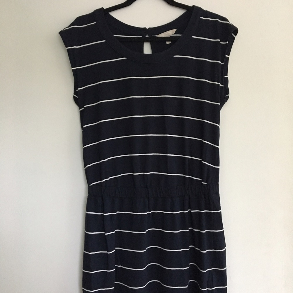 Banana Republic Striped Navy Blue Dress M Petite