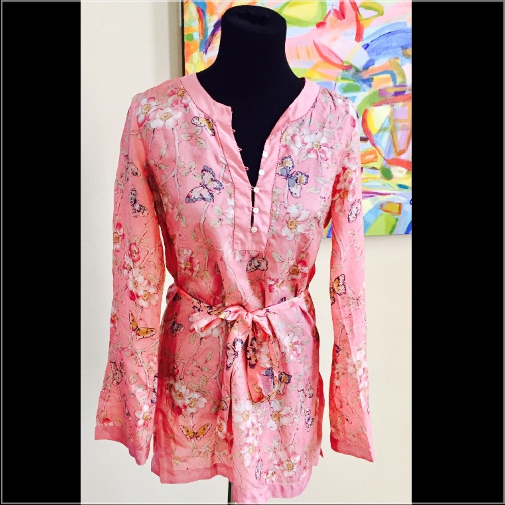 Silk butterfly print tunic with tie