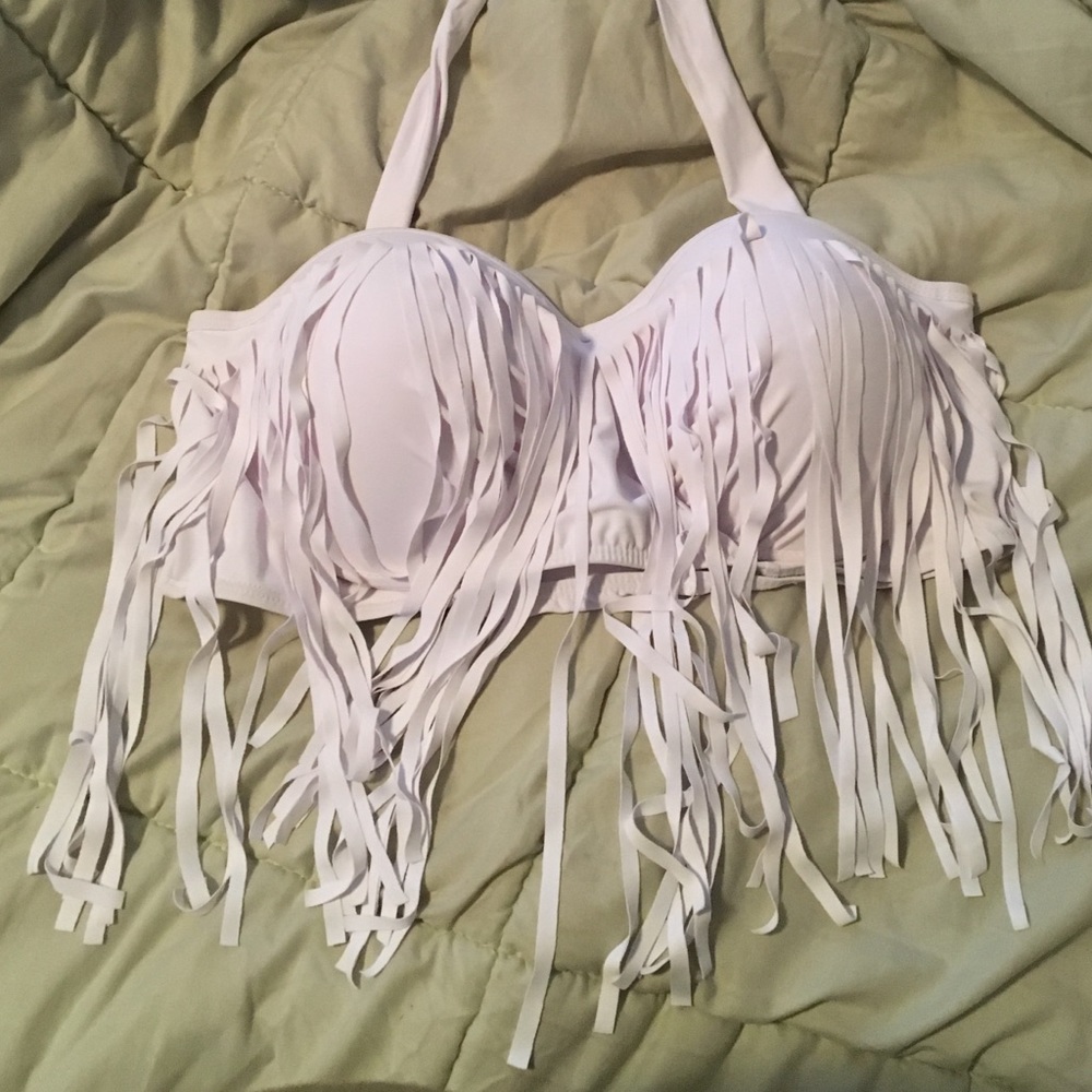 White halter top swimsuit with fringe