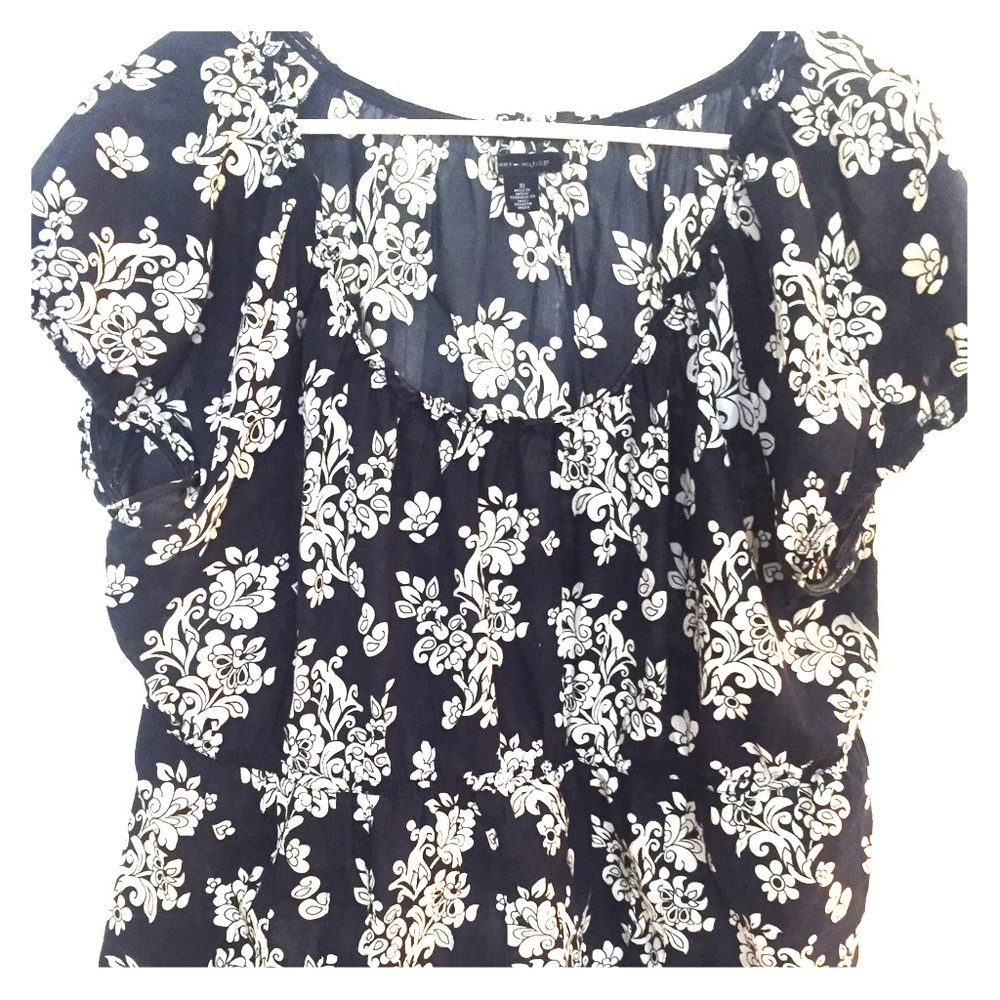 Navy blue and white floral peasant top