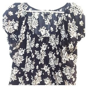 Navy blue and white floral peasant top