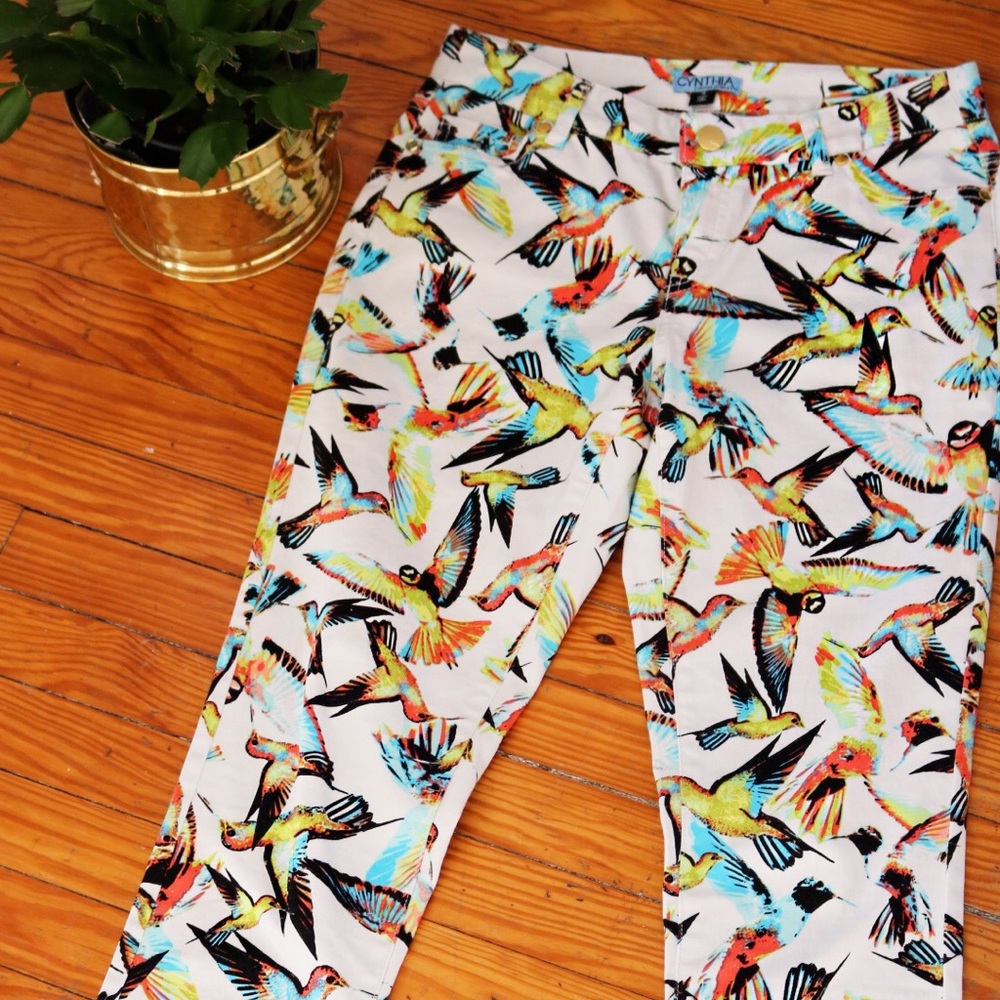 CYNTHIA by Cynthia Rowley Colorful Bird Print Jean