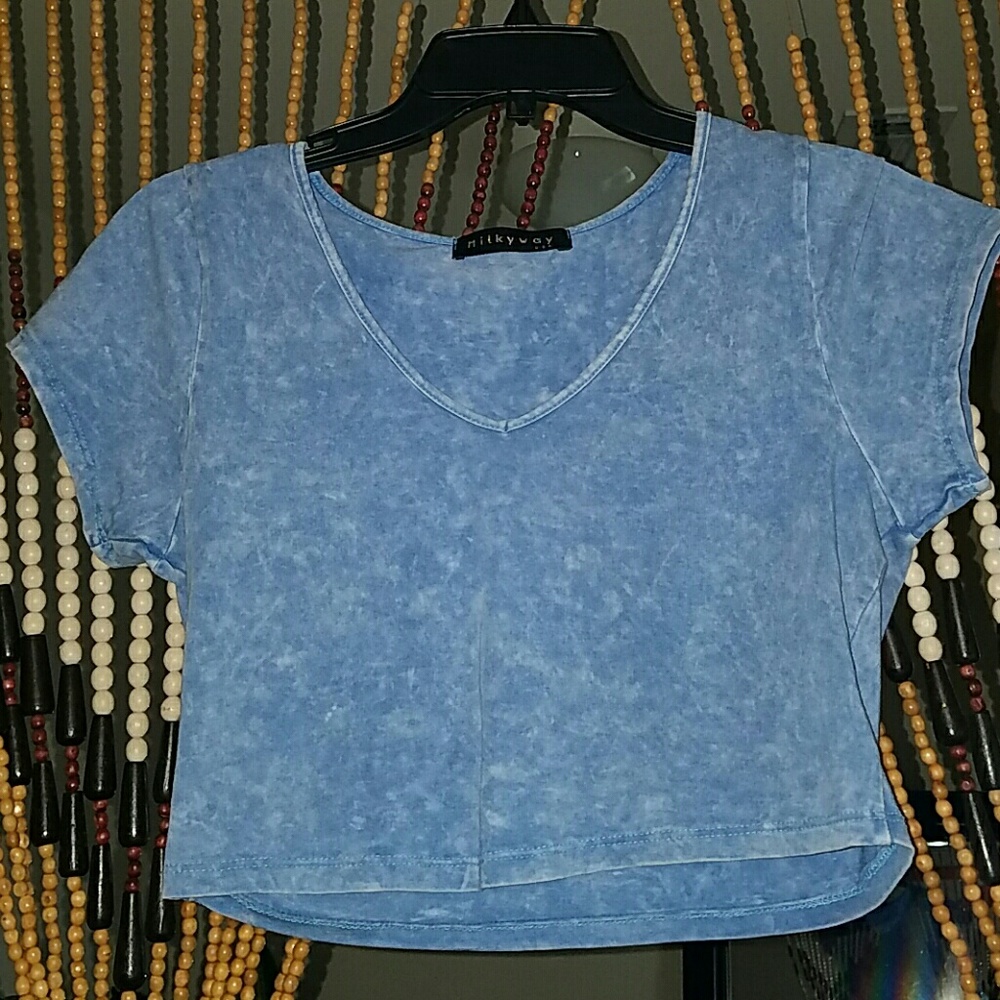 Blue acid wash vneck crop top. Size L