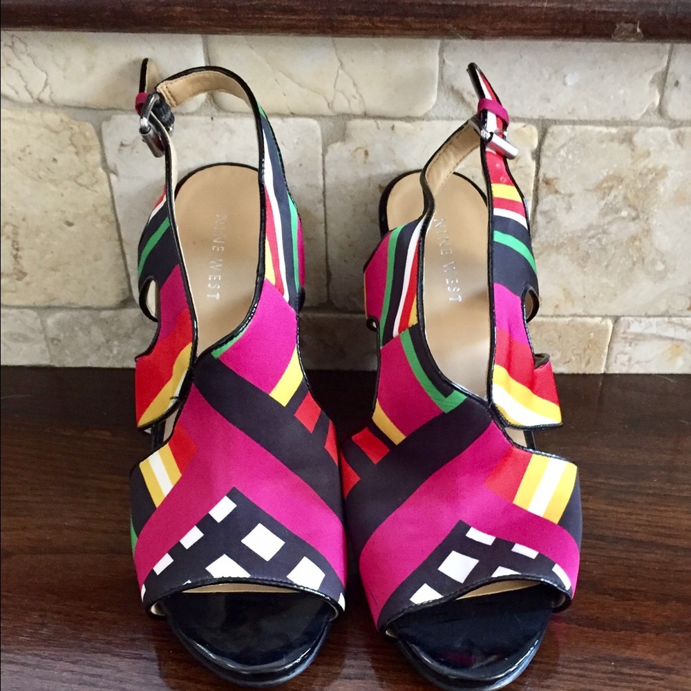 Fabric and leather, patent heel open toe pumps