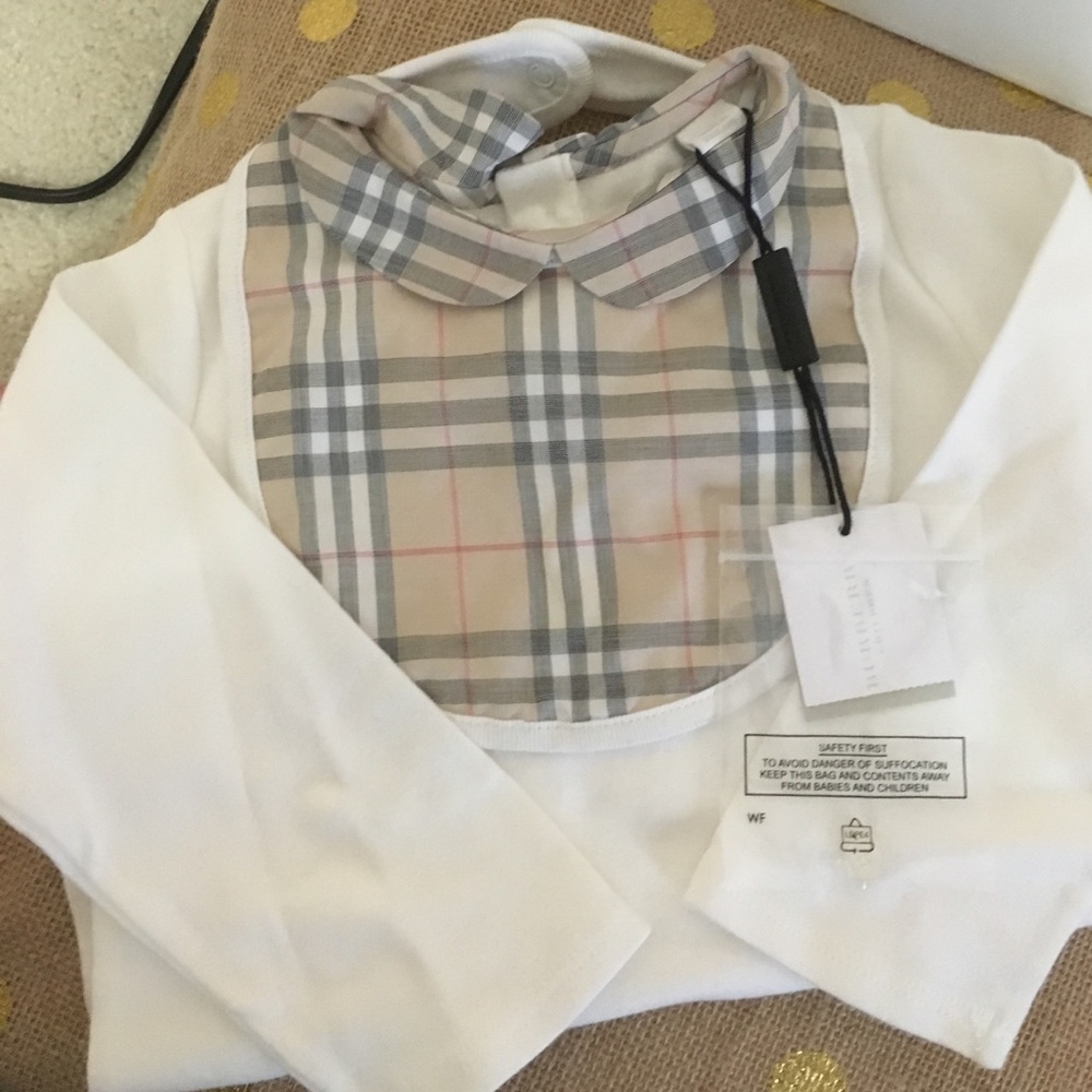 Burberry onesie with bin and hat!