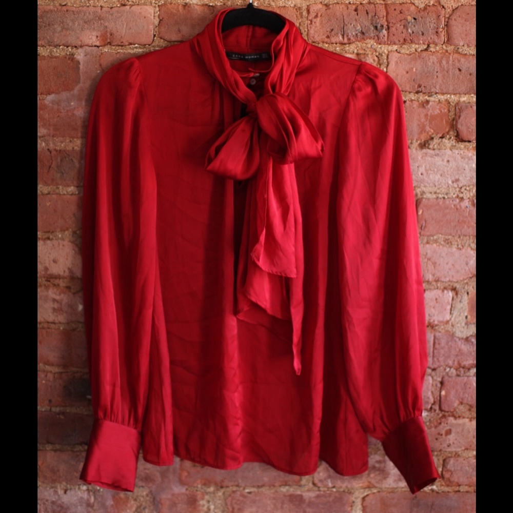 Red statement ribbon satin blouse