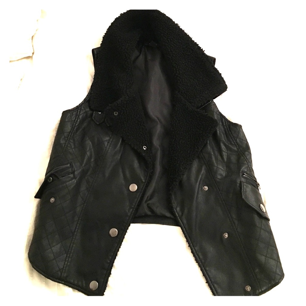 Faux leather moto vest with fleece lining