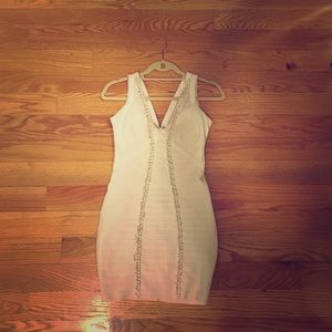 White 2B Bebe Bodycon Dress with Gold Chain Detail