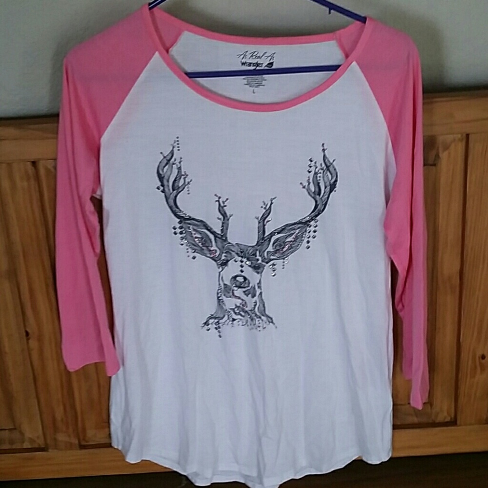 Pink and white baseball tee with blingy deer.