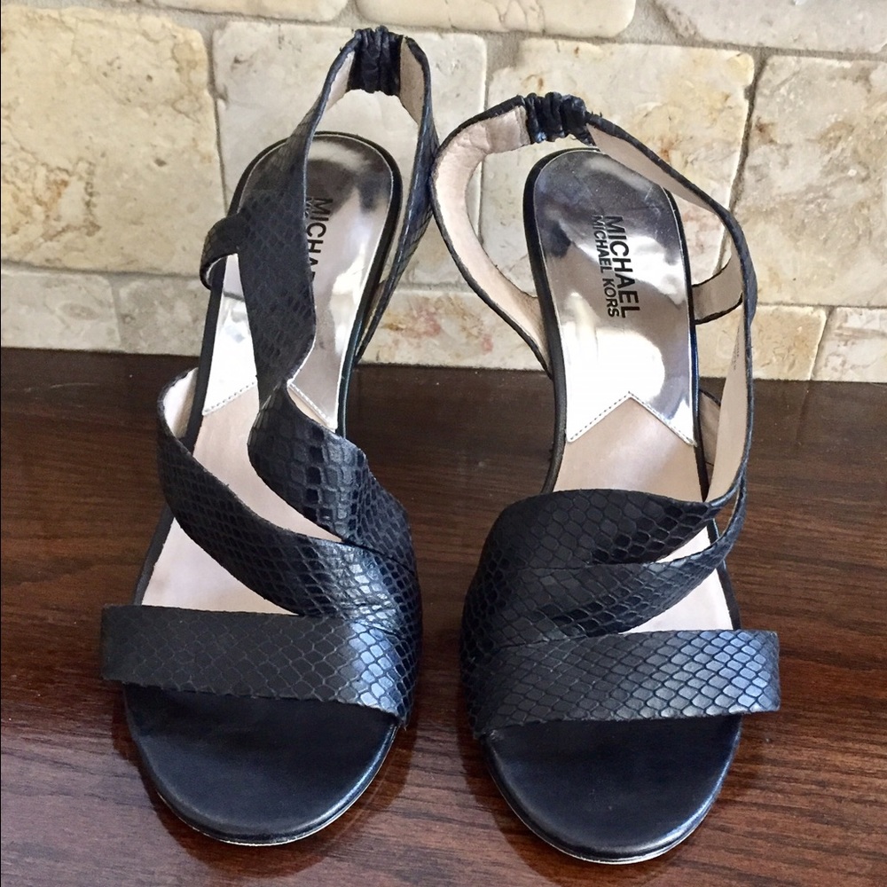 Strappy black snake skin print leather sandals