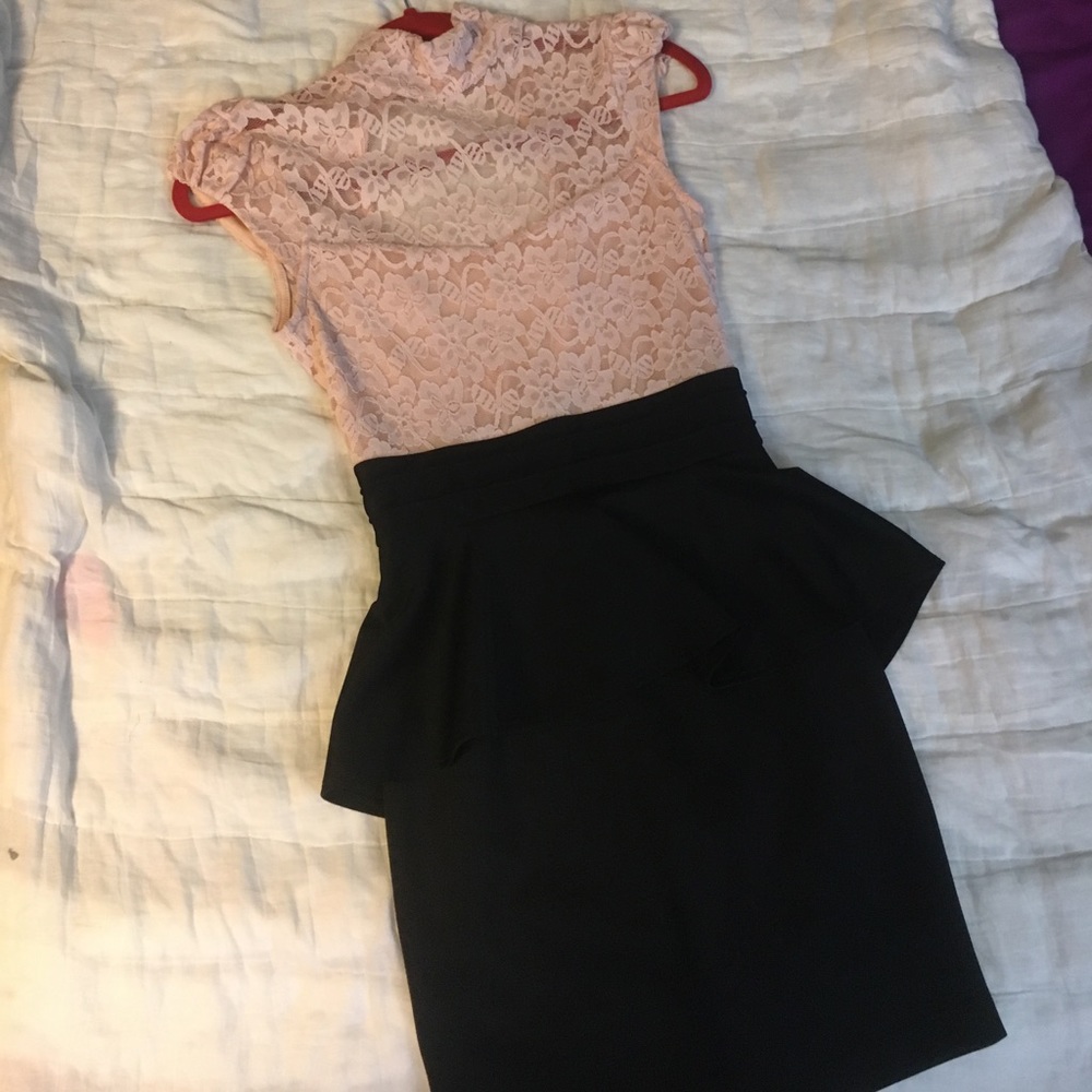 Pink and Black Mock Neck Peplum Dress