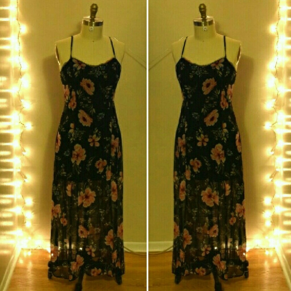 long sheer floral maxi dress with slits