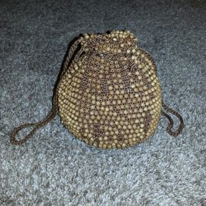VINTAGE WOODEN BEADS CROCHET DRAWSTRING HANDBAG