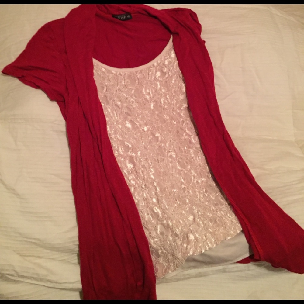 Red cardigan with attached white cami