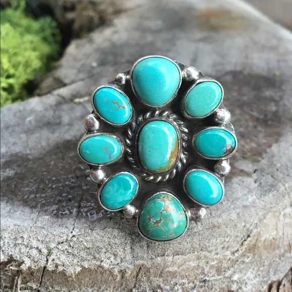 Vintage Jewelry - Gorgeous turquoise cluster ring in sterling silver