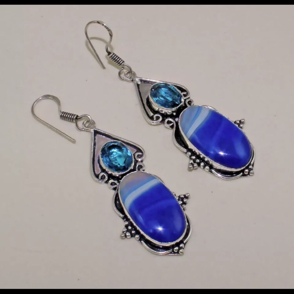 Blue agate, blue topaz and silver earrings