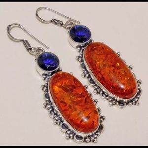 Amber, tanzanite and silver earrings