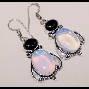 Fire opal, onyx and silver earrings