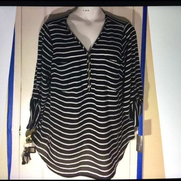 Covington women's plus roll Tab sleeves top blk/wh - Picture 1 of 4