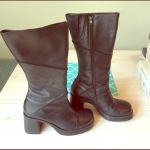 Black leather patchwork knee high boots