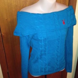 Blue Off The Shoulder Playboy Pin Up Sweater