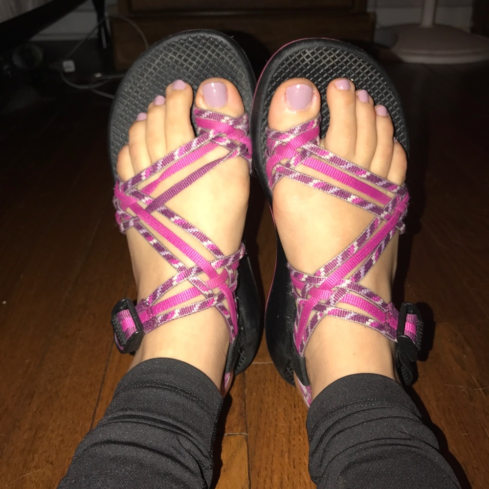 Pink and purple chacos