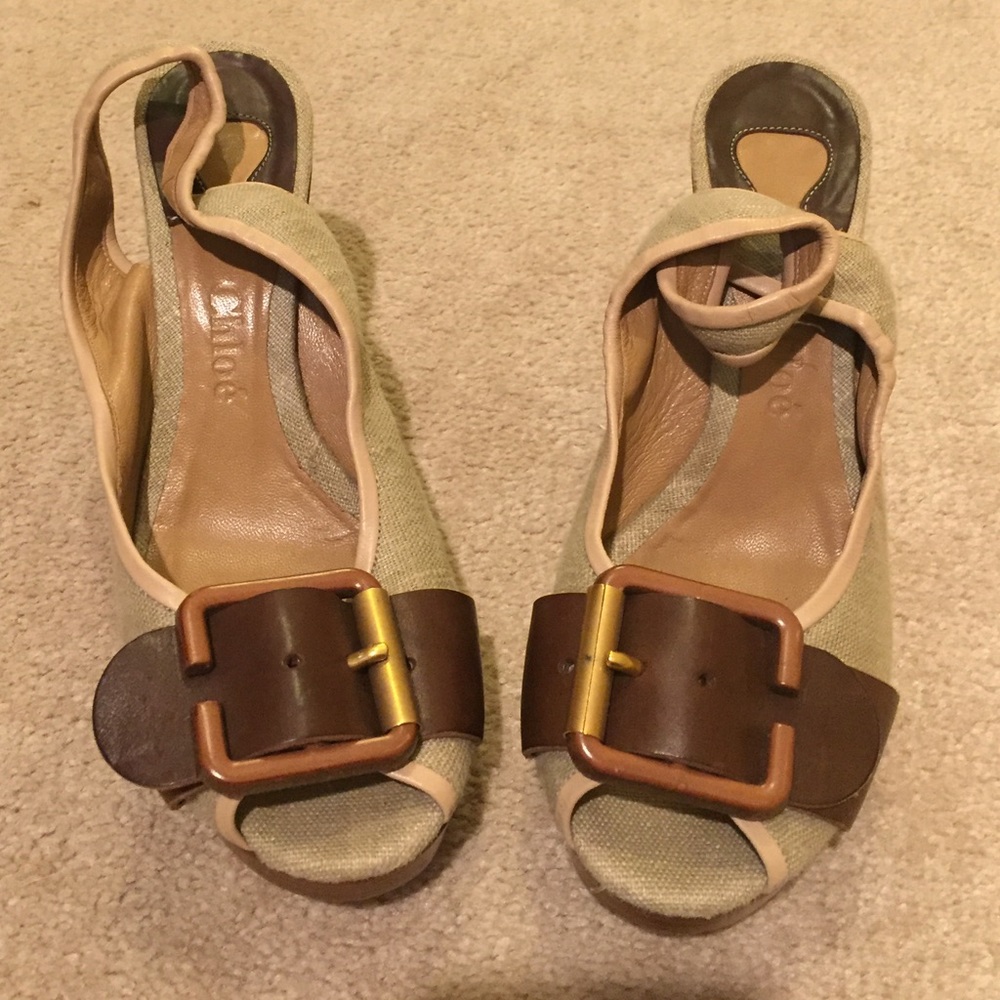 Chloe canvas/leather buckle peep toe platform