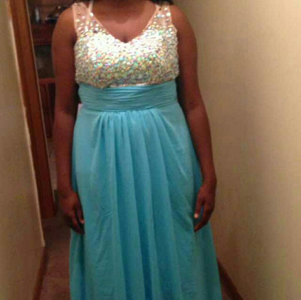 Sky blue sequin top formal gown