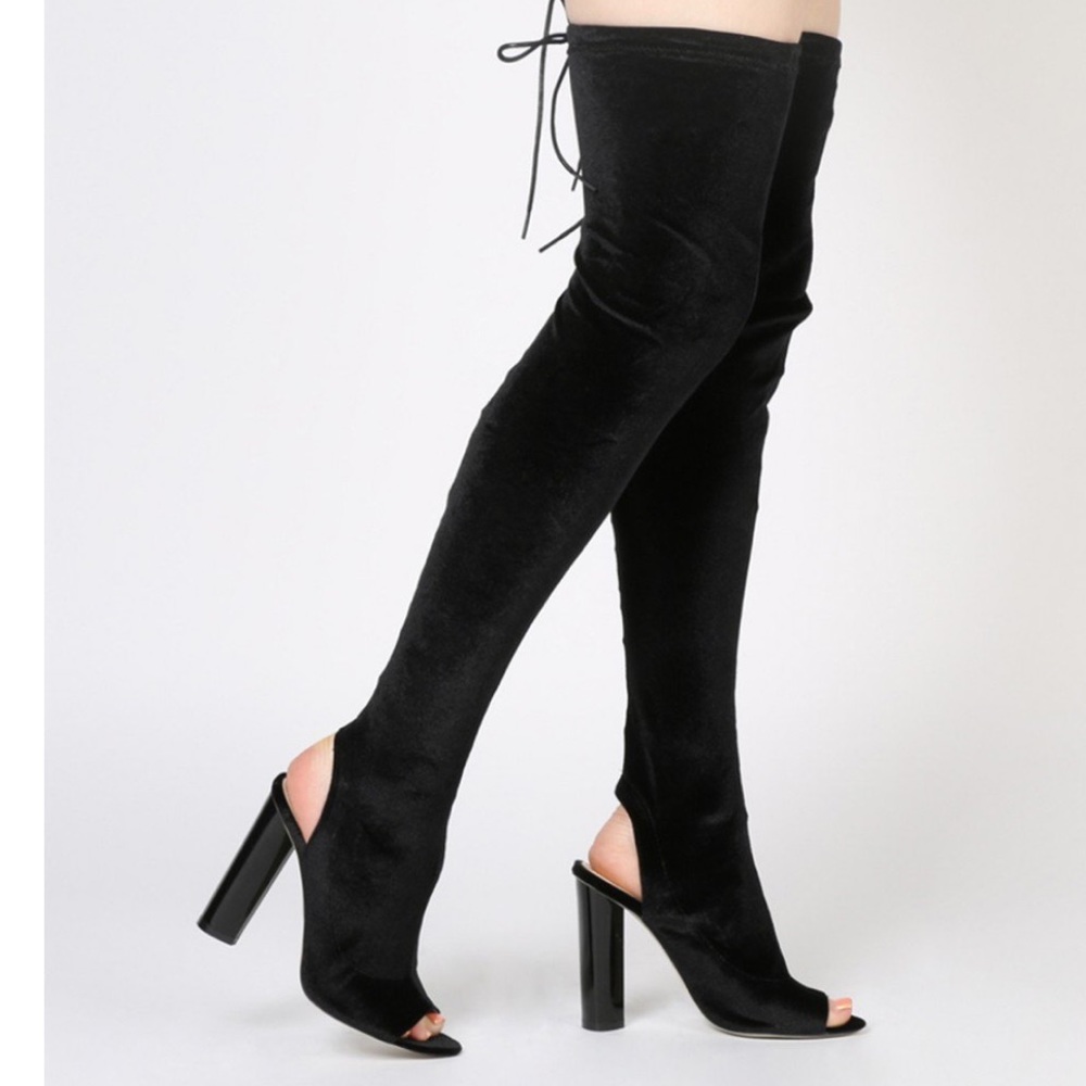 Black velvet peep toe boots