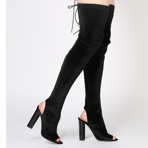 Black velvet peep toe boots