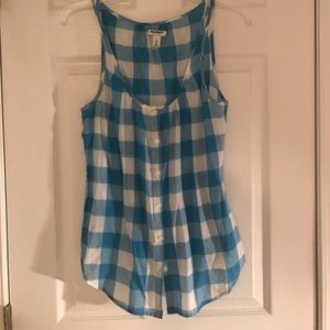 Blue and white gingham button down sleeveless top