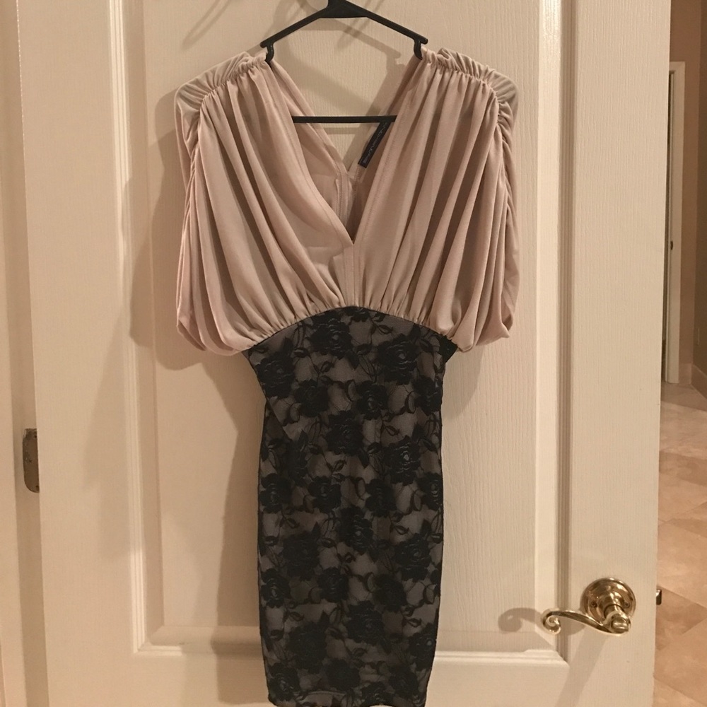 Black lace and tan dress