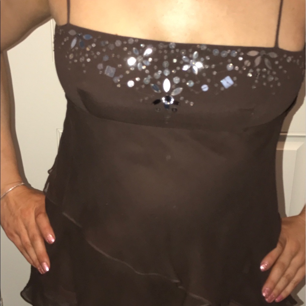 Brown silk BCBG tank top NWT with silver details