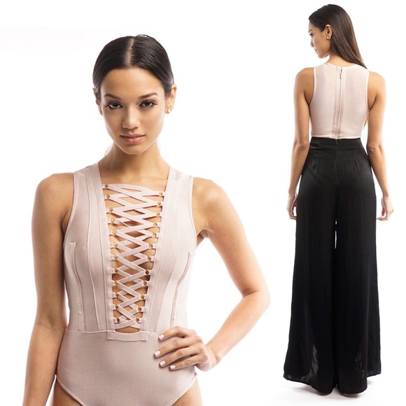 ▫️LUXE▫️NUDE PINK LACE UP BANDAGE BODYSUIT - Picture 2 of 6