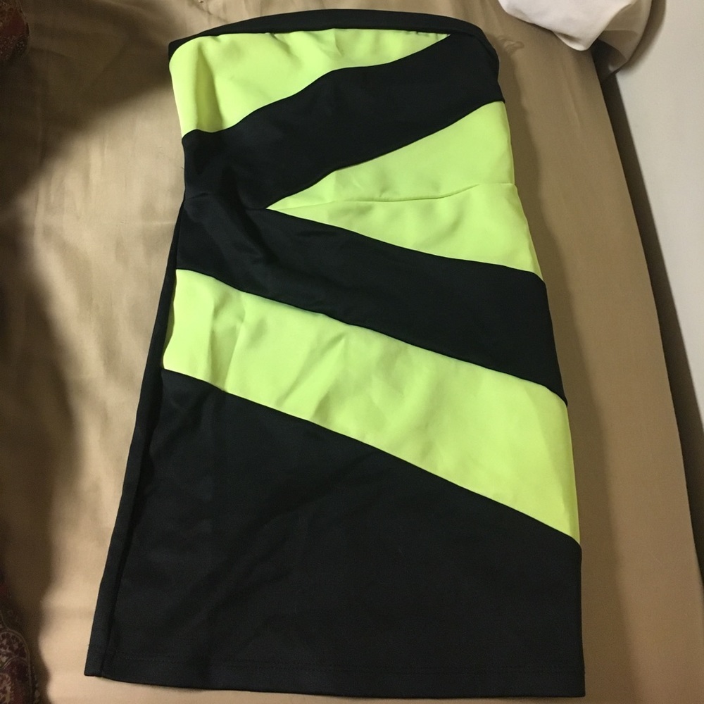 Black and neon green strapless dress
