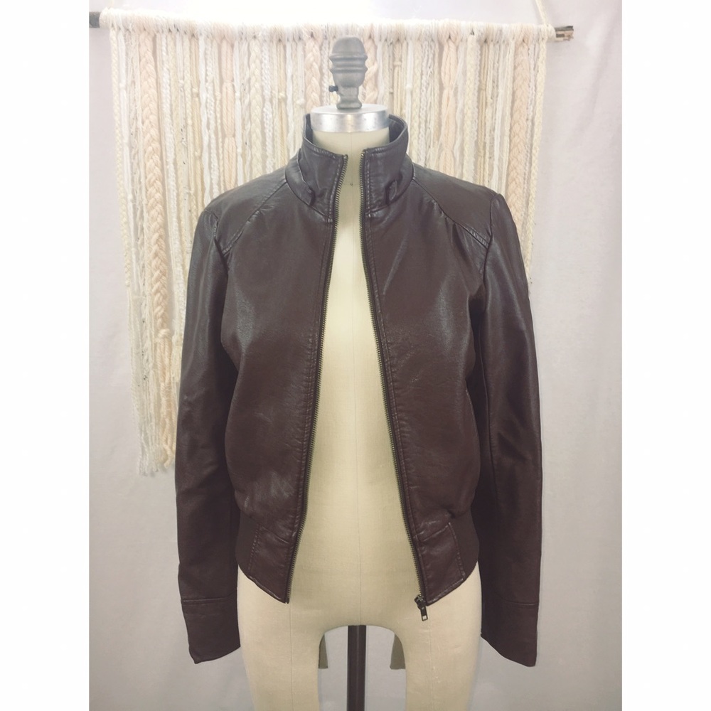 Brown Faux-Leather Bomber Jacket