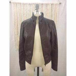 Brown Faux-Leather Bomber Jacket