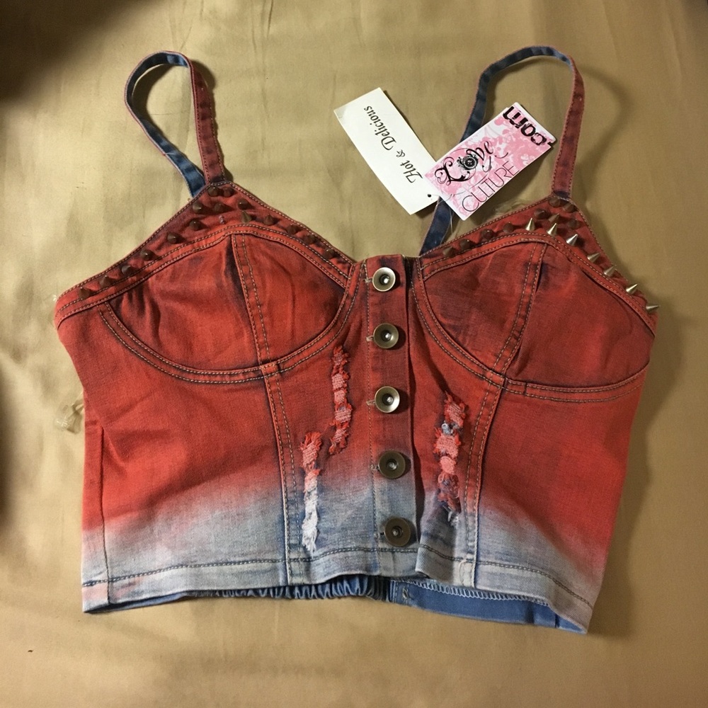 Red and blue ombré jean crop top *studded* BNWT