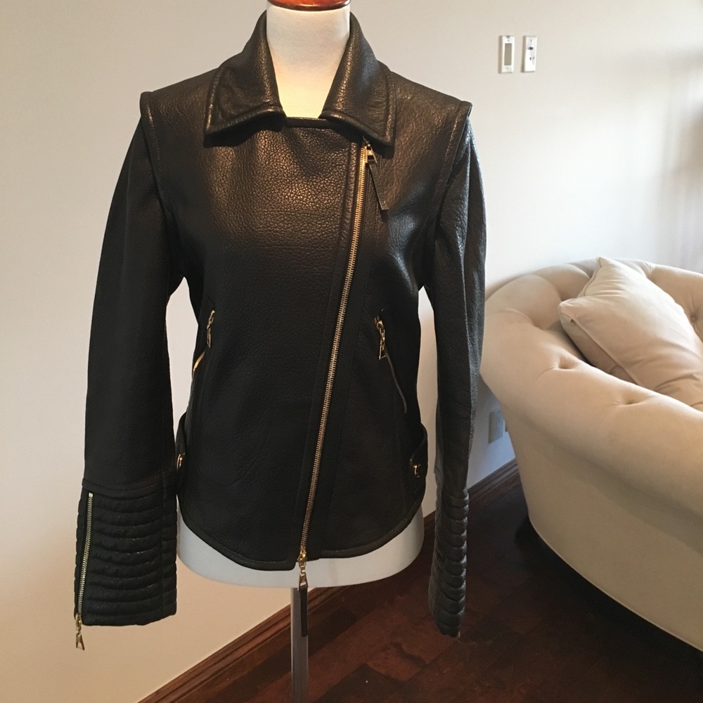LV  black leather motorcycle jacket .