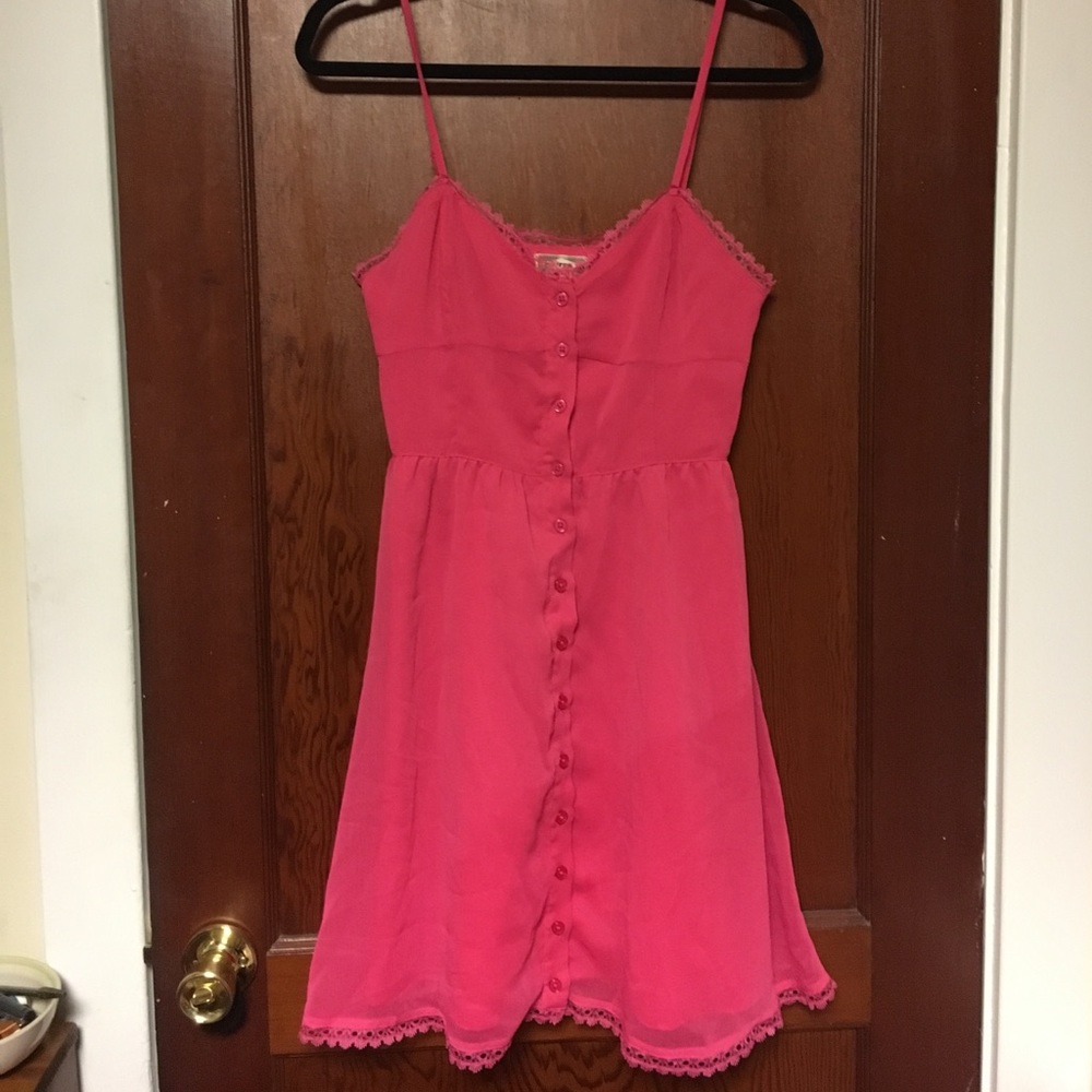 Pink lace trim button up dress