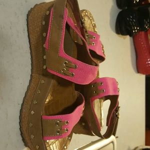 Studded pink and tan wedge sandals