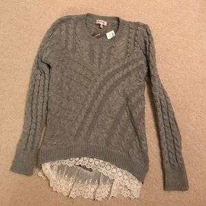 Gray Sweater with Lace Trim
