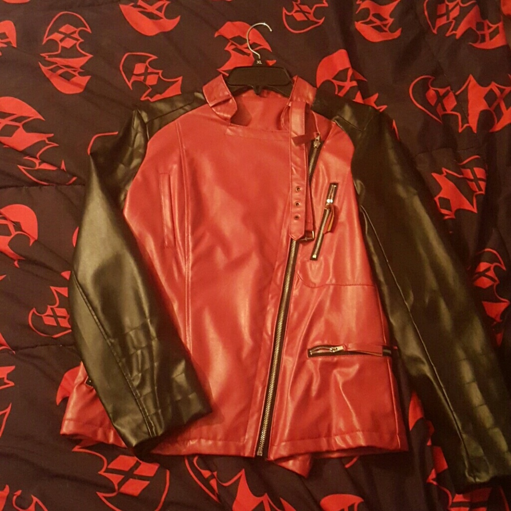 Faux leather black and red jacket trendy