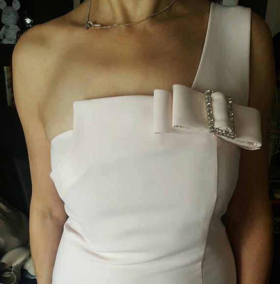 One Shoulder Blush Evening Gown w a crystal bow. - Picture 3 of 4