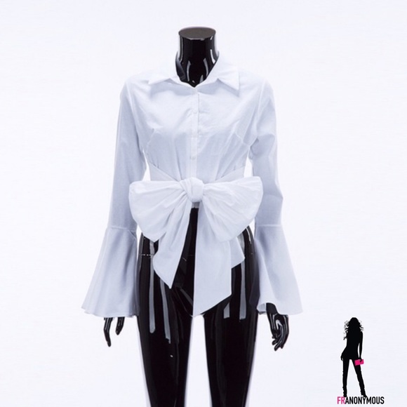 Waist Bow Tie Bell Sleeve Shirt - Picture 4 of 5