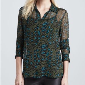 EQUIPMENT sheer green leopard print top sz S