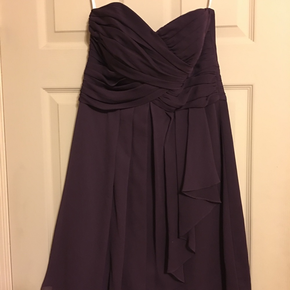 Eggplant purple flowy strapless bridesmaid or prom