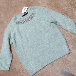 Fluffy, mint, bedazzled sweater